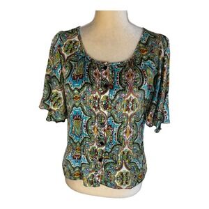 Lula Kate Silk Paisley Blouse‎ Top Button Front Flutter Sleeve Size 6